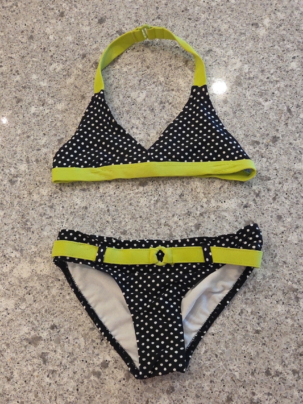Girls Black Polka Dot Bikini with Lime Trim - Kids Swim